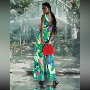 Women Floral Zara Knotted Shoulder Jumpsuit Size M Blogger Favorite Excellent